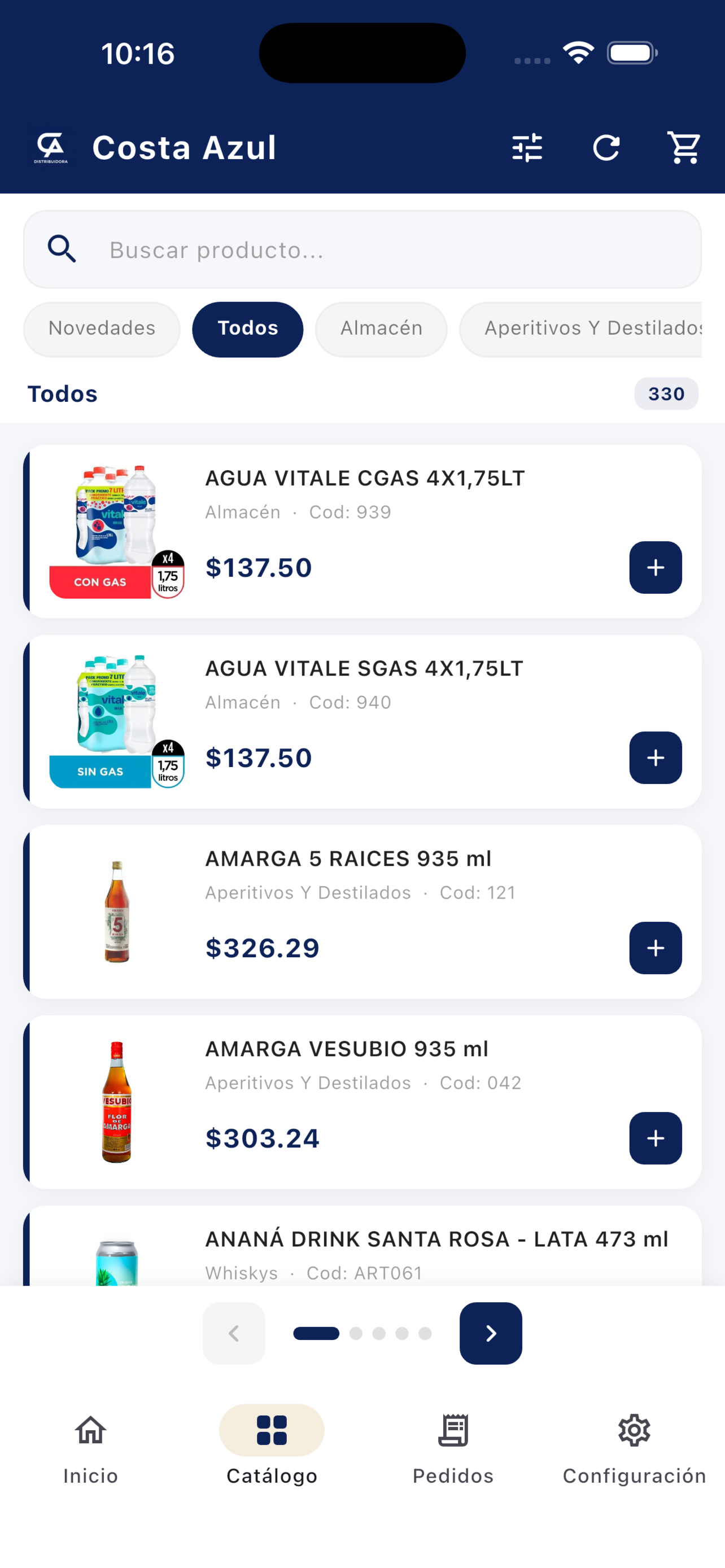 Captura de la app Costa Azul: armado de pedido